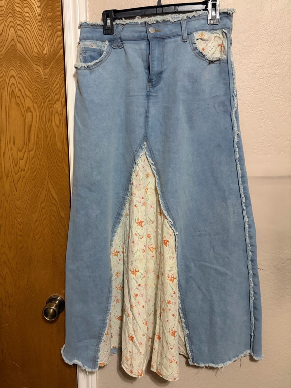 Light Blue Denim Maxi Skirt with Floral Fabric